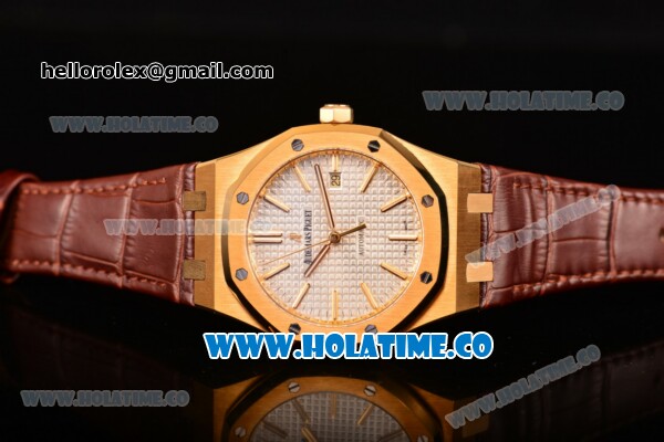 Audemars Piguet Royal Oak 39MM Miyota 9015 Automatic Yellow Gold Case with White Dial Brown Leather Strap and Stick Markers (BP) - Click Image to Close